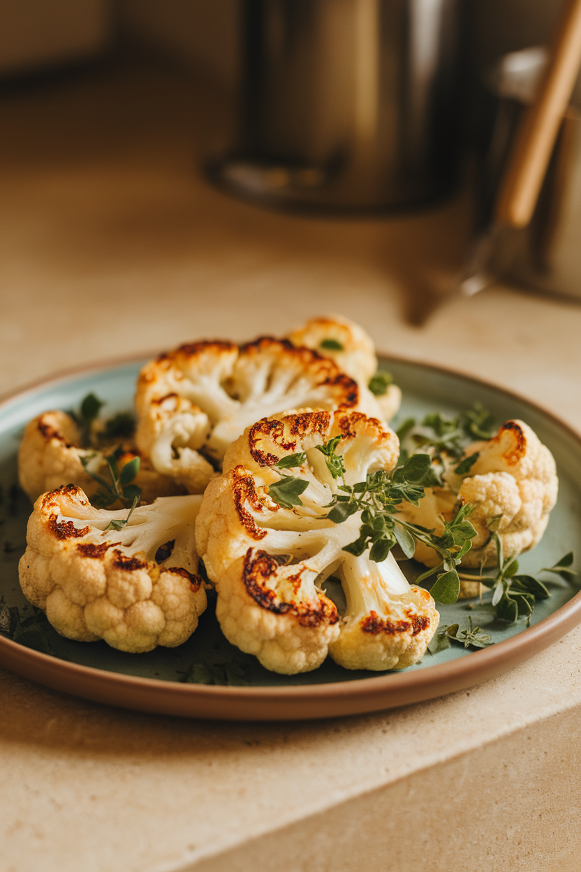 Indoor photo of thick cauliflower steaks roasted to golden brown, fresh herbs sprinkled, no text or logos.
