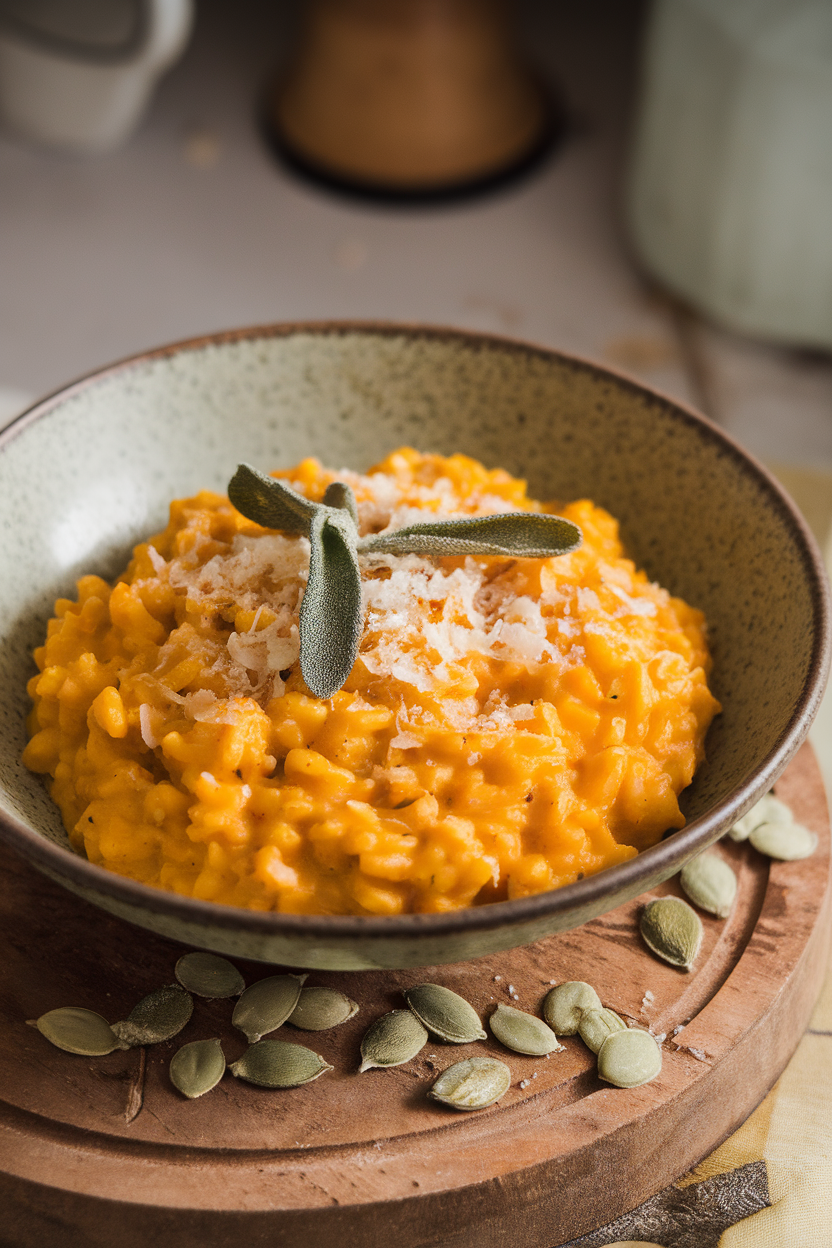 A shallow bowl indoors containing creamy pumpkin risotto garnished with grated Parmesan and sage ribbons. No text or logos. Photo.