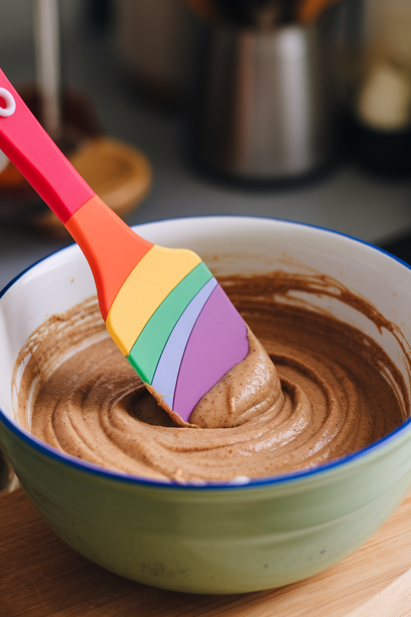Indoor close-up of colorful silicone spatulas stirring almond butter into a bowl, no branding.