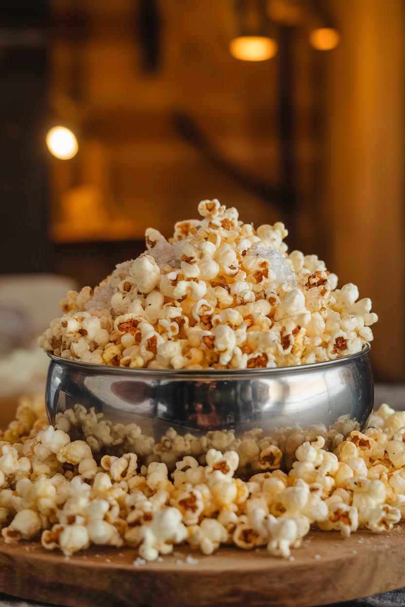 Photo indoors of a metal bowl overflowing with popcorn dusted in grated parmesan and truffle salt, warm lighting. No text or logos anywhere.