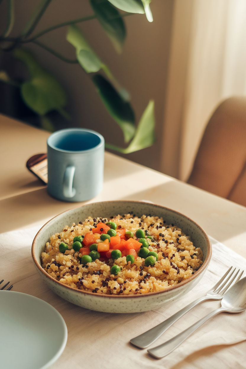 Photo prompt: A shallow bowl of quinoa upma studded with peas, diced bell pepper, and curry leaves, set on an indoor dining table under soft morning light. No text or logos present.