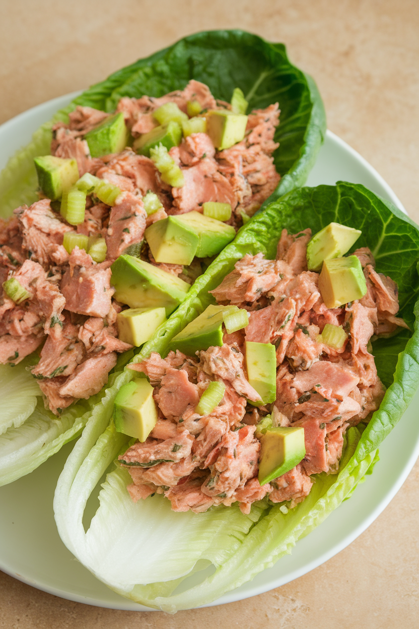An indoor plate of romaine leaves filled with a chunky mixture of tuna, avocado, diced celery, and lemon dressing. No text or logos present.