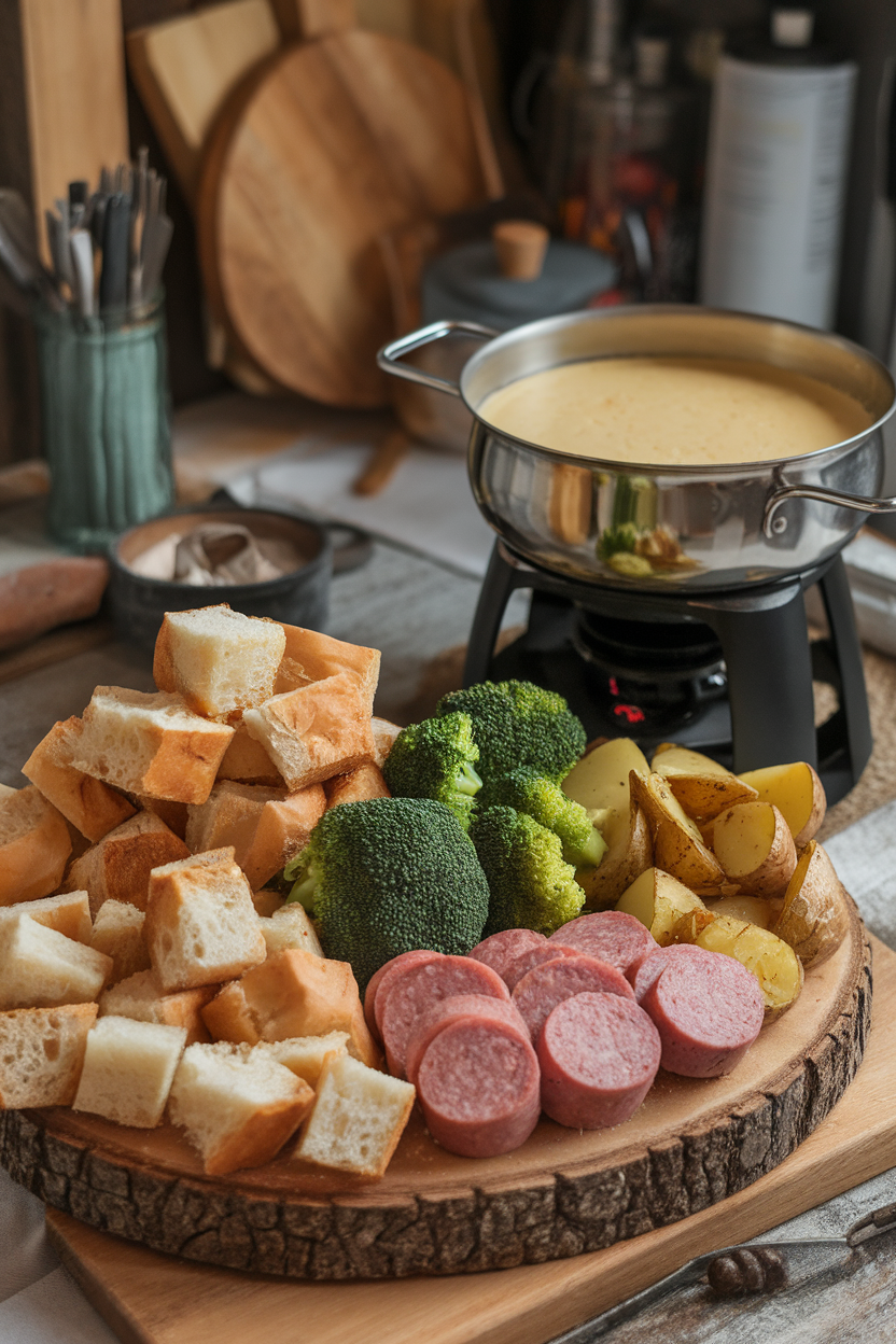 Warm indoors image showing a board of cubed sourdough, blanched broccoli, cooked sausage rounds, and roasted potatoes beside a bubbling cheese fondue pot; no text or logos.