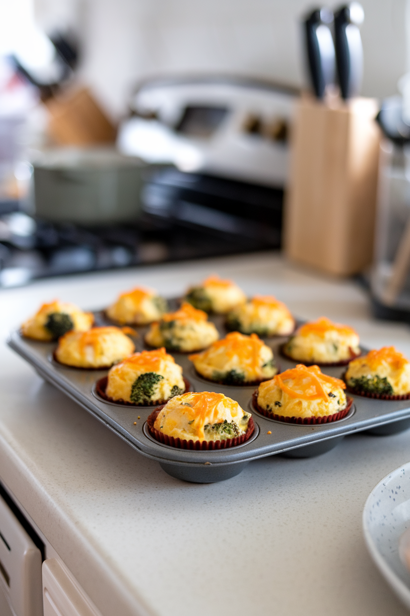 Muffin tin on indoor countertop filled with baked egg muffins dotted with broccoli and cheddar, no text or logos