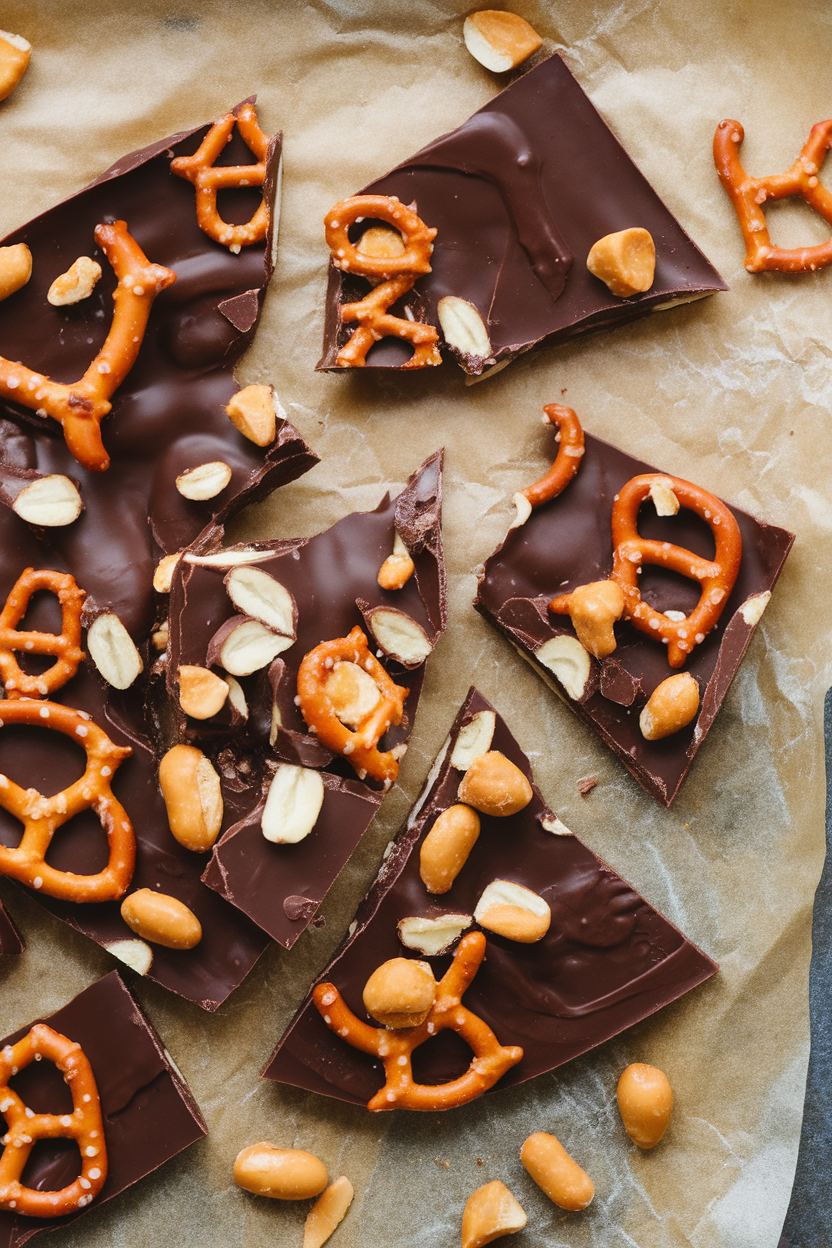 Indoor photo of broken shards of chocolate-peanut butter bark studded with pretzel pieces on parchment paper. No text or logos.