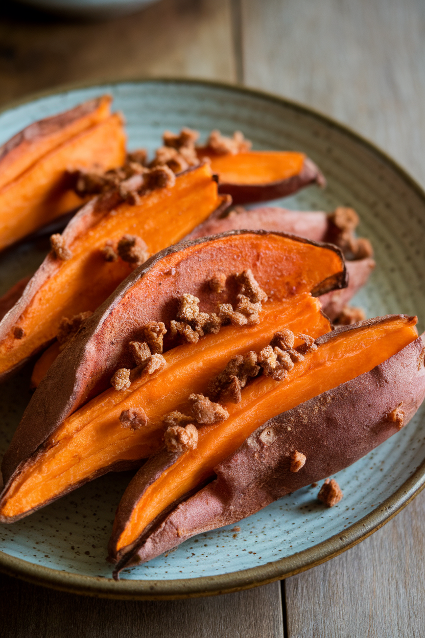 Indoor photo of roasted sweet potato wedges dusted with chipotle and brown sugar on a ceramic plate, no text or logos