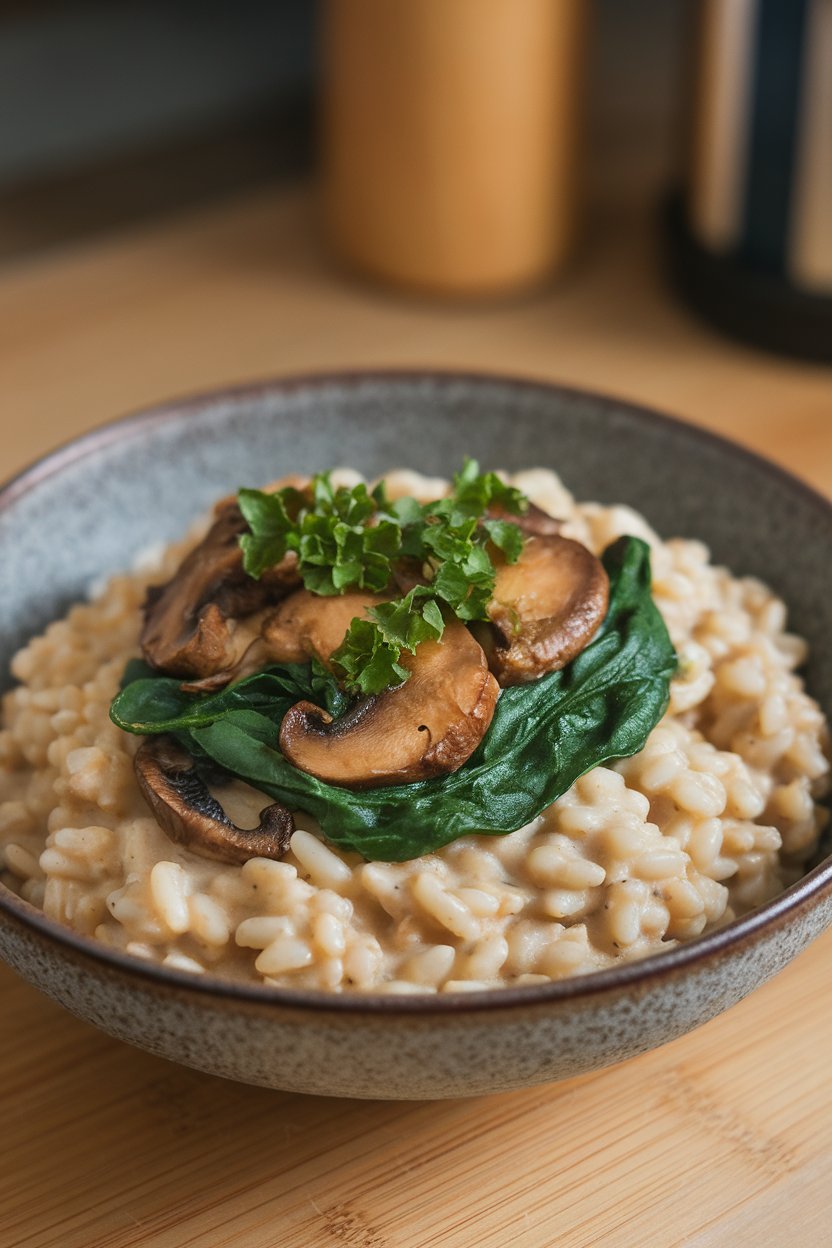 An indoor bowl of creamy brown rice risotto with sautéed mushrooms and wilted spinach, topped with parsley. No text or logos; photo only.