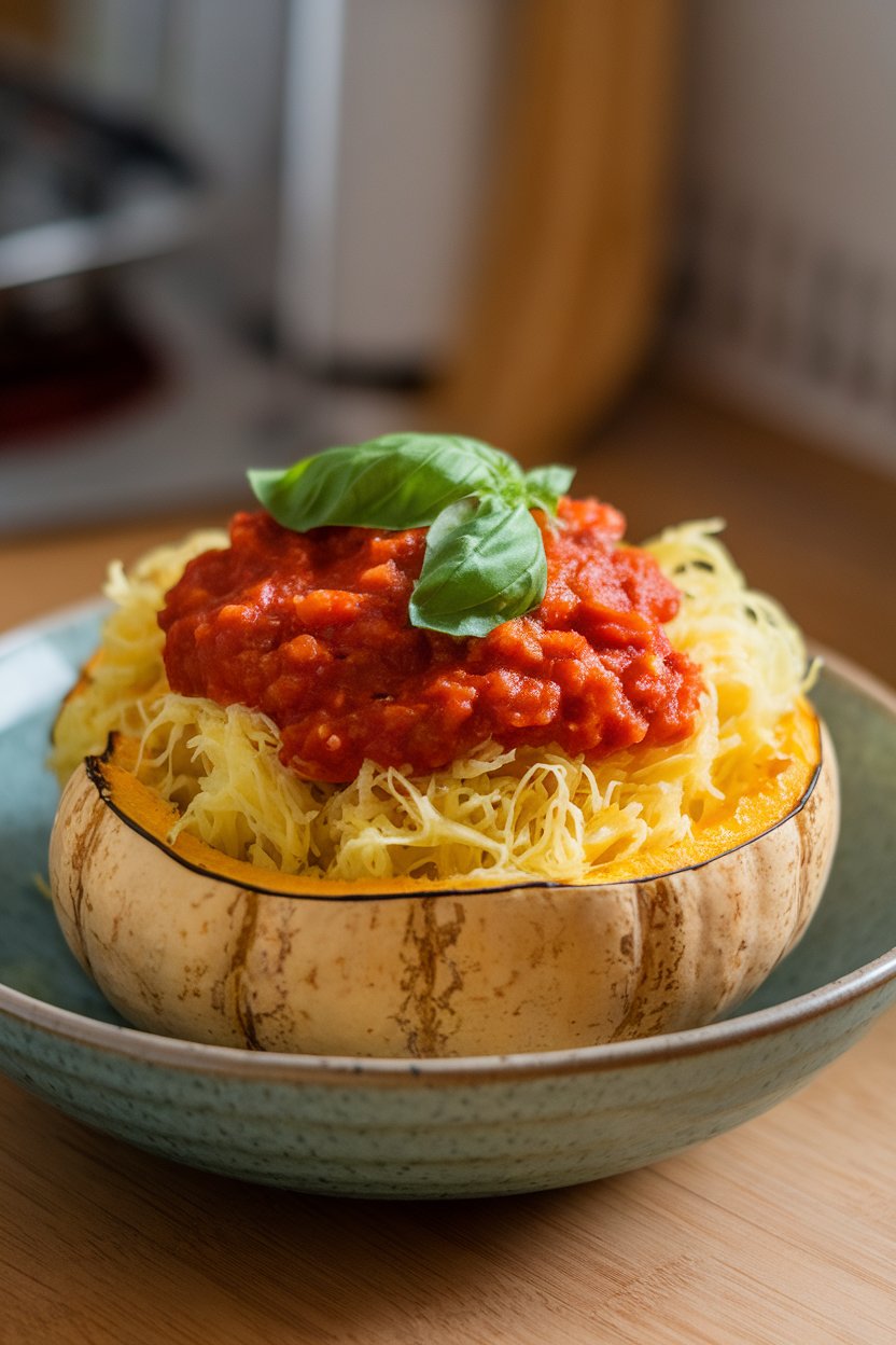 An indoor serving bowl with roasted spaghetti squash strands topped with chunky marinara and basil leaves. Photo, no text or logos.