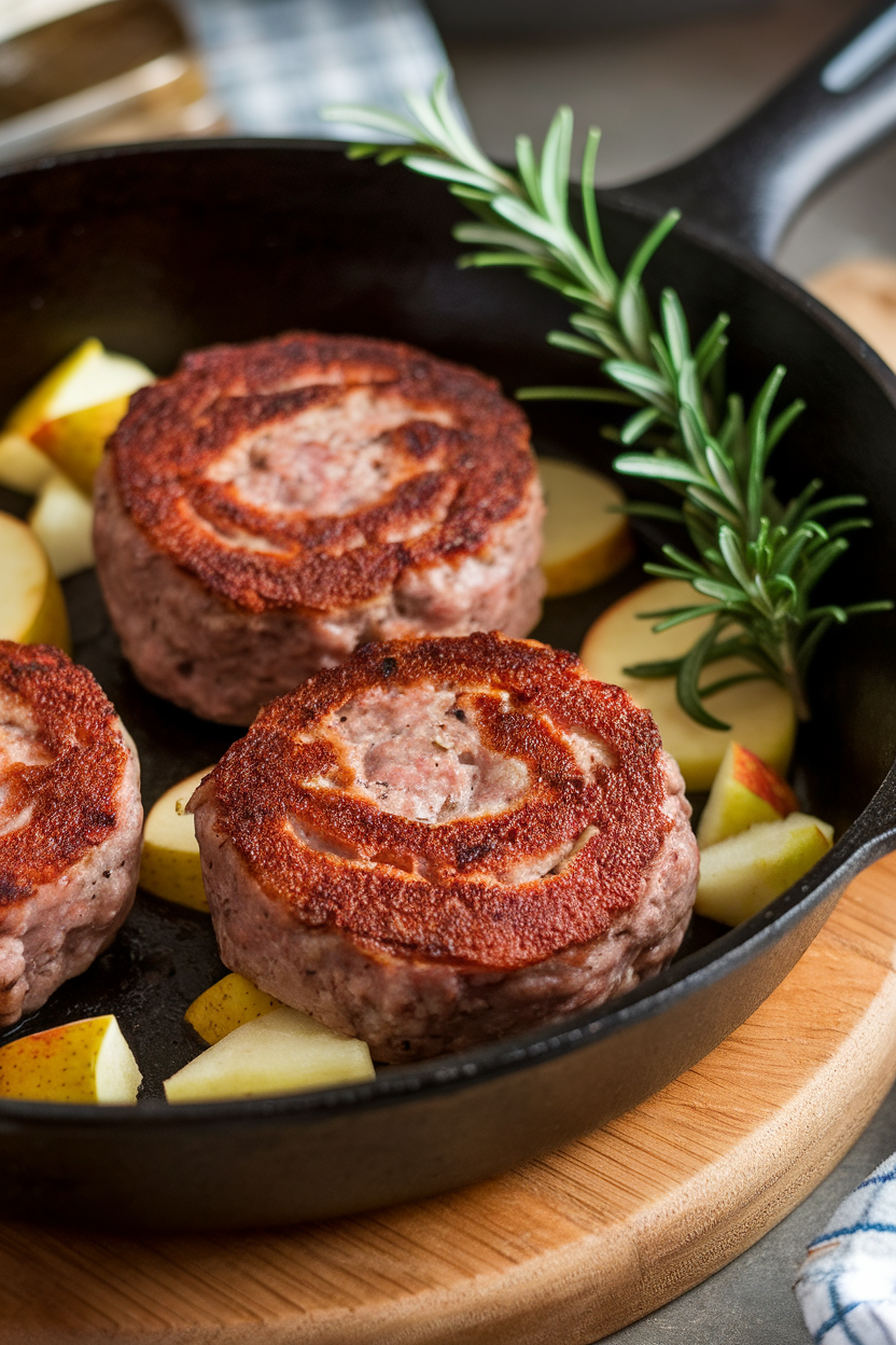 Photo of an indoor skillet of browned homemade sausage patties with apple pieces visible, a sprig of rosemary on the side. No text or logos visible.