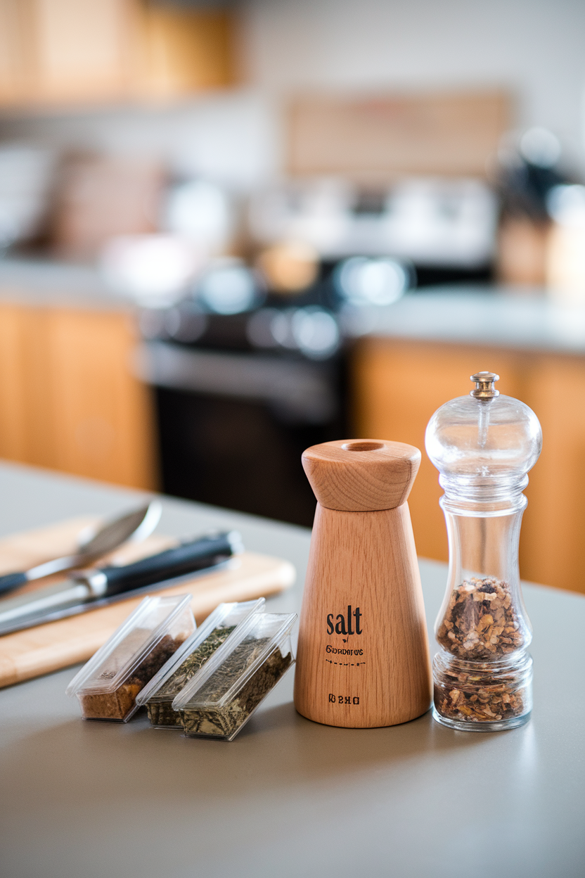 Photo of a wooden salt cellar next to dried herb blends on an indoor countertop. No text or logos present.