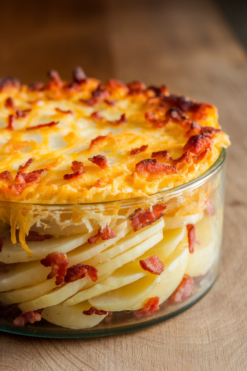 Indoor shot of layered potato gratin with cheddar crust, bacon bits visible, no text or logos.