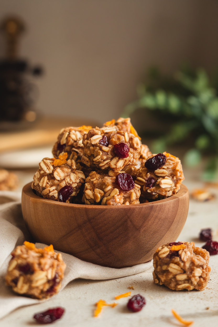 An indoor bowl filled with oat-based energy bites flecked with dried cranberries and orange zest, natural light from the side. No text or logos, photo only.