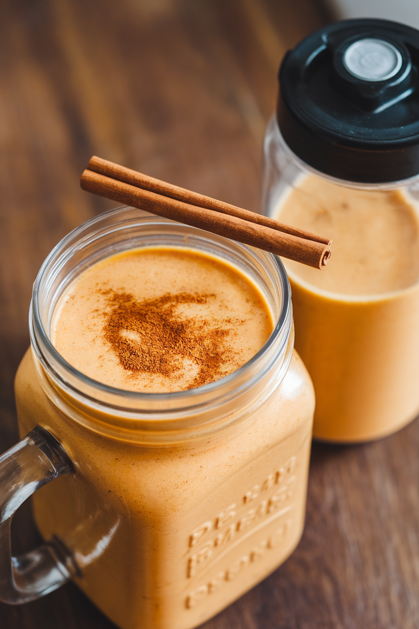 An indoor blender jar beside a reusable bottle filled with a creamy pumpkin spice smoothie, cinnamon dusted on top. Photo, no text or logos.