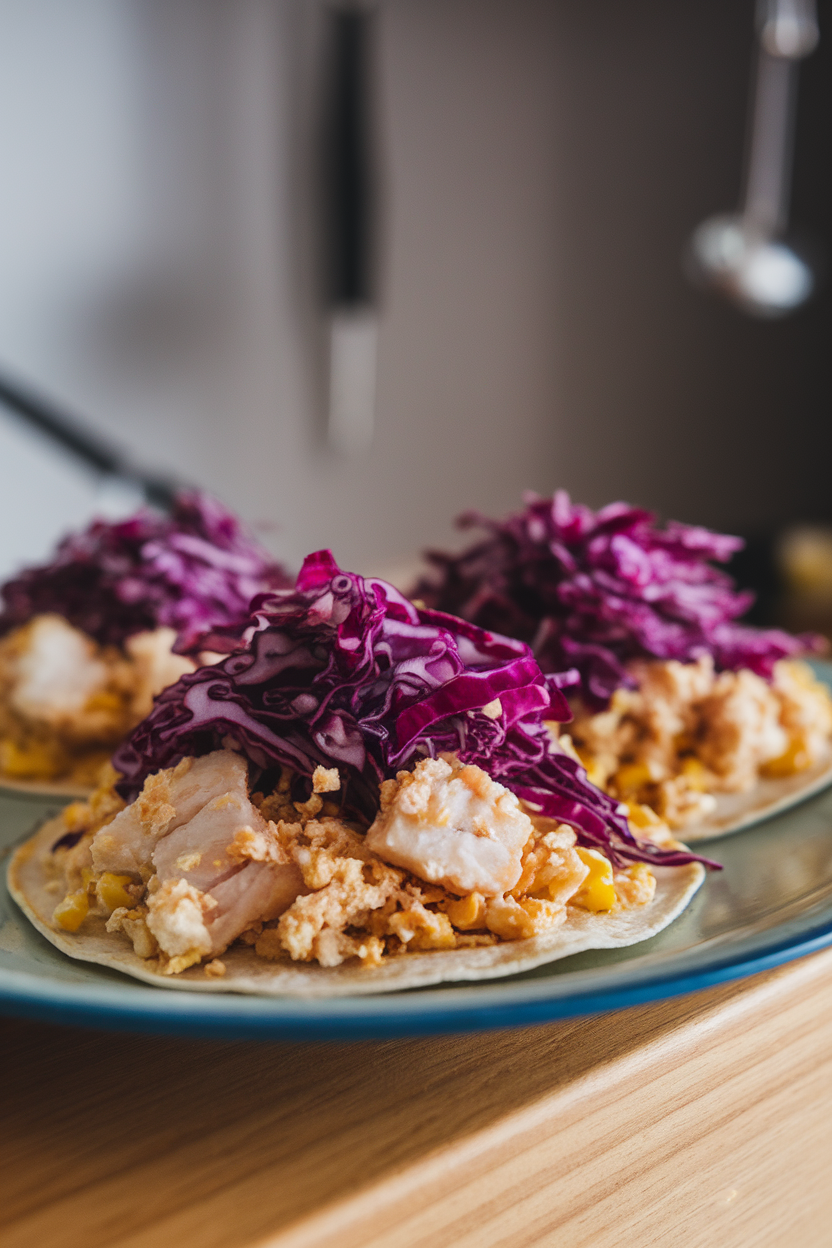 Photo of corn tortillas filled with blackened cod flakes and purple cabbage slaw on an indoor plate, no text or logos