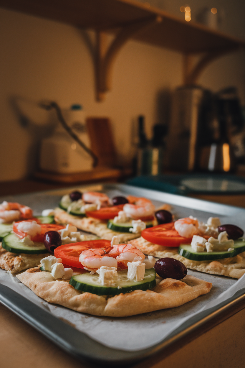 Indoor tray photo of baked flatbread topped with cucumber, tomato, olives, feta, and cooked shrimp; warm kitchen light, no text or logos.