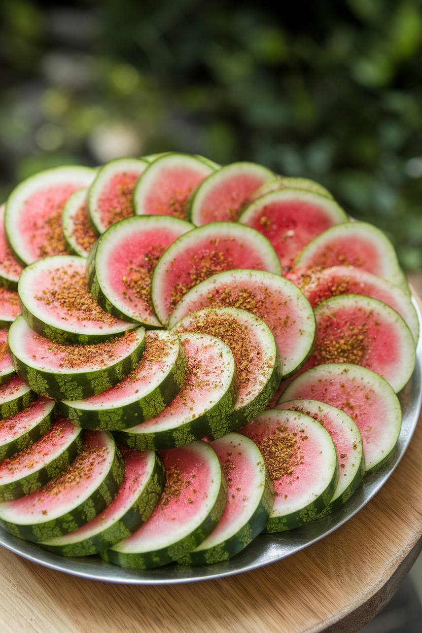 Indoor platter of circular watermelon radish slices dusted with chili-lime seasoning, pink and green rings visible. No logos.