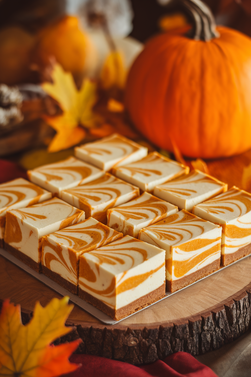Indoor photo of neat cheesecake bar squares with pumpkin swirl, no text or logos.