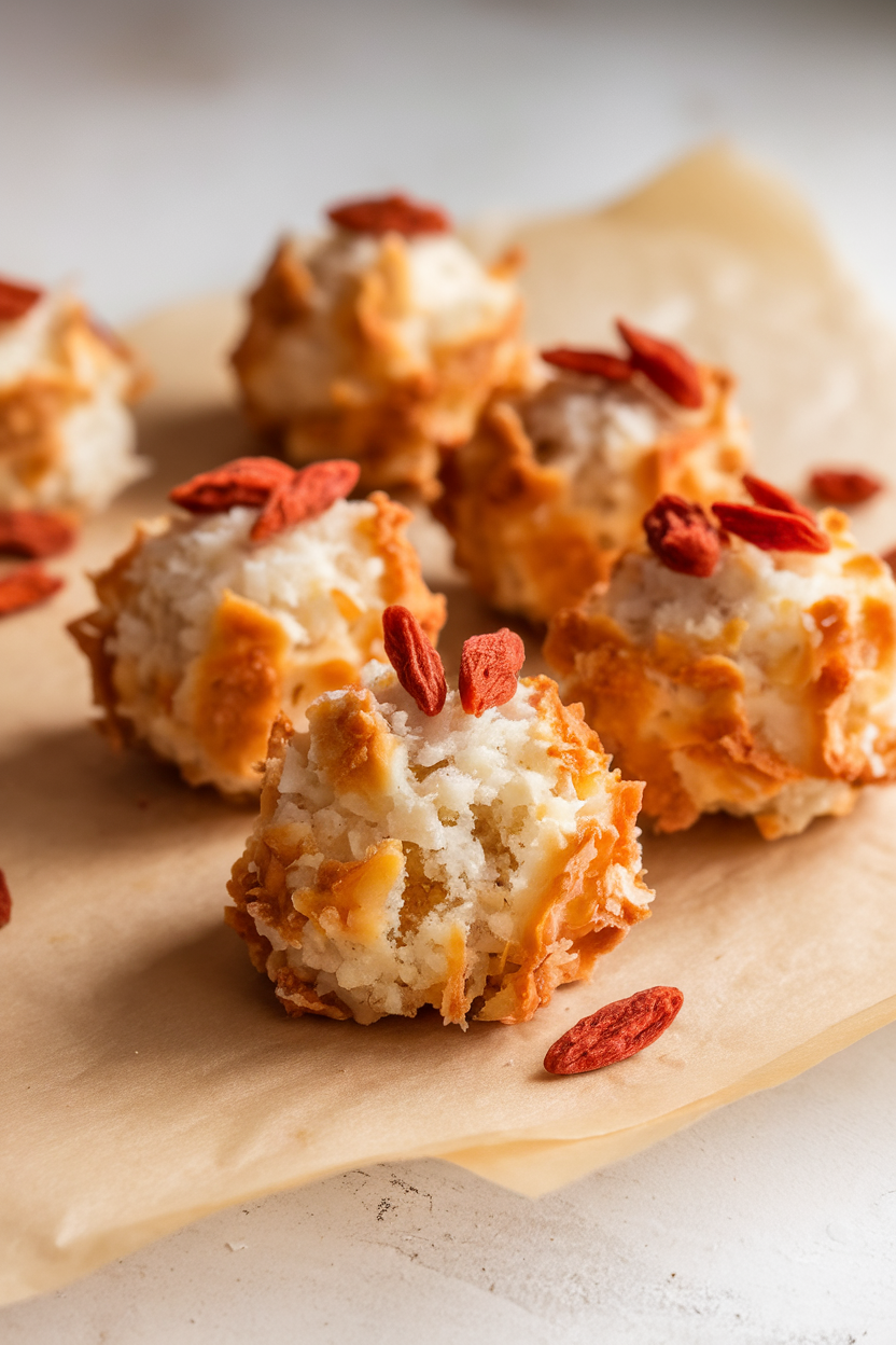 Photo prompt: Indoor studio shot of coconut macaroons dotted with red goji berries on parchment paper, no branding.