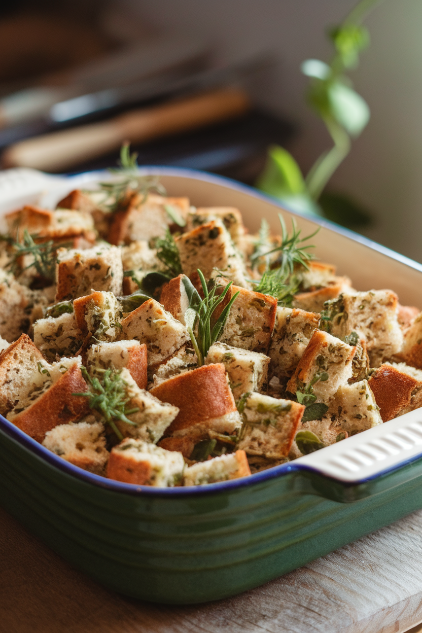 Photo of cubed sprouted bread stuffing with fresh herbs in a ceramic casserole dish, indoor table light. No text or logos.