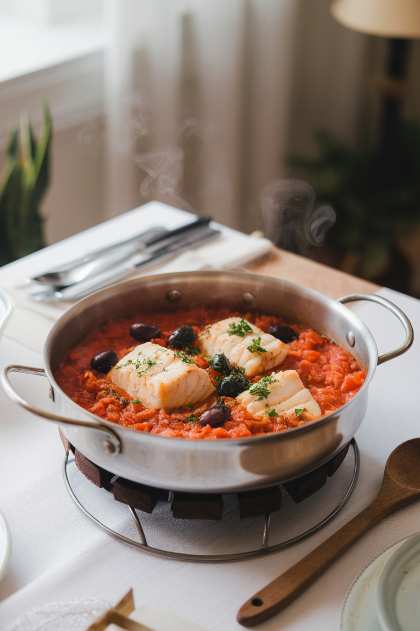 An indoor dining table showcasing a shallow pot of cooked cod fillets nestled in a chunky tomato sauce with Kalamata olives and parsley, served with a wooden spoon. Steam visible, no text or logos. Photo only.