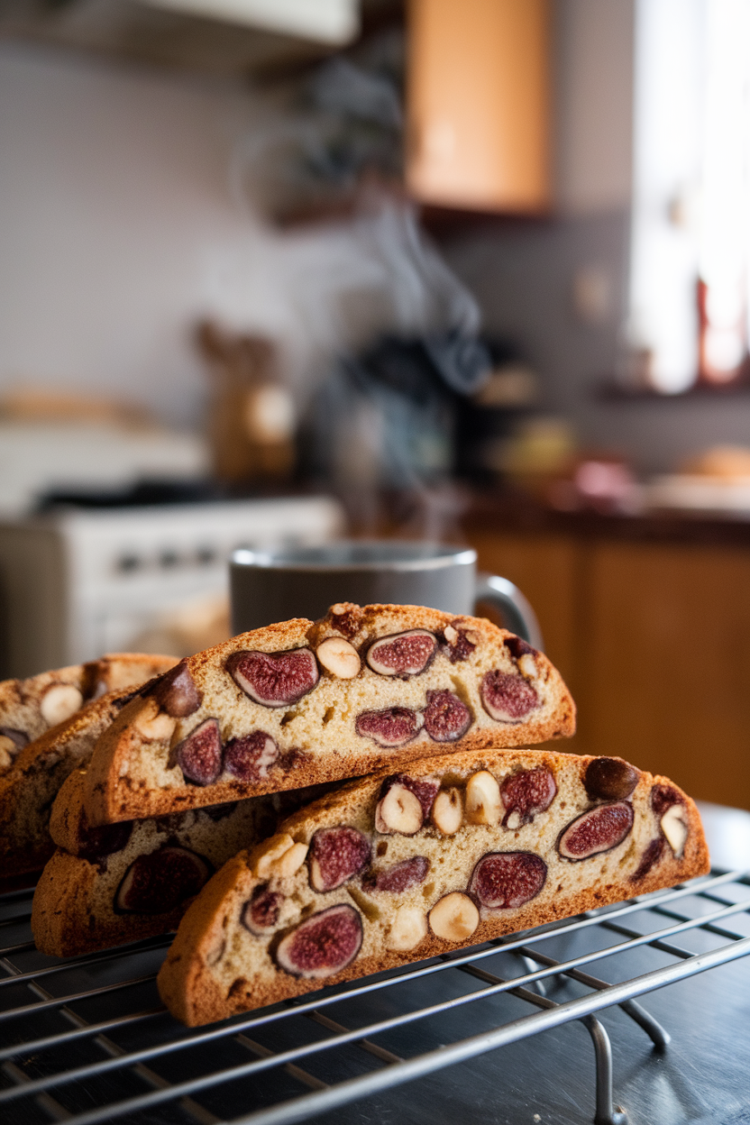 Biscotti slices with visible fig pieces and hazelnuts on a kitchen rack indoors, steam from coffee mug behind. No text or logos.