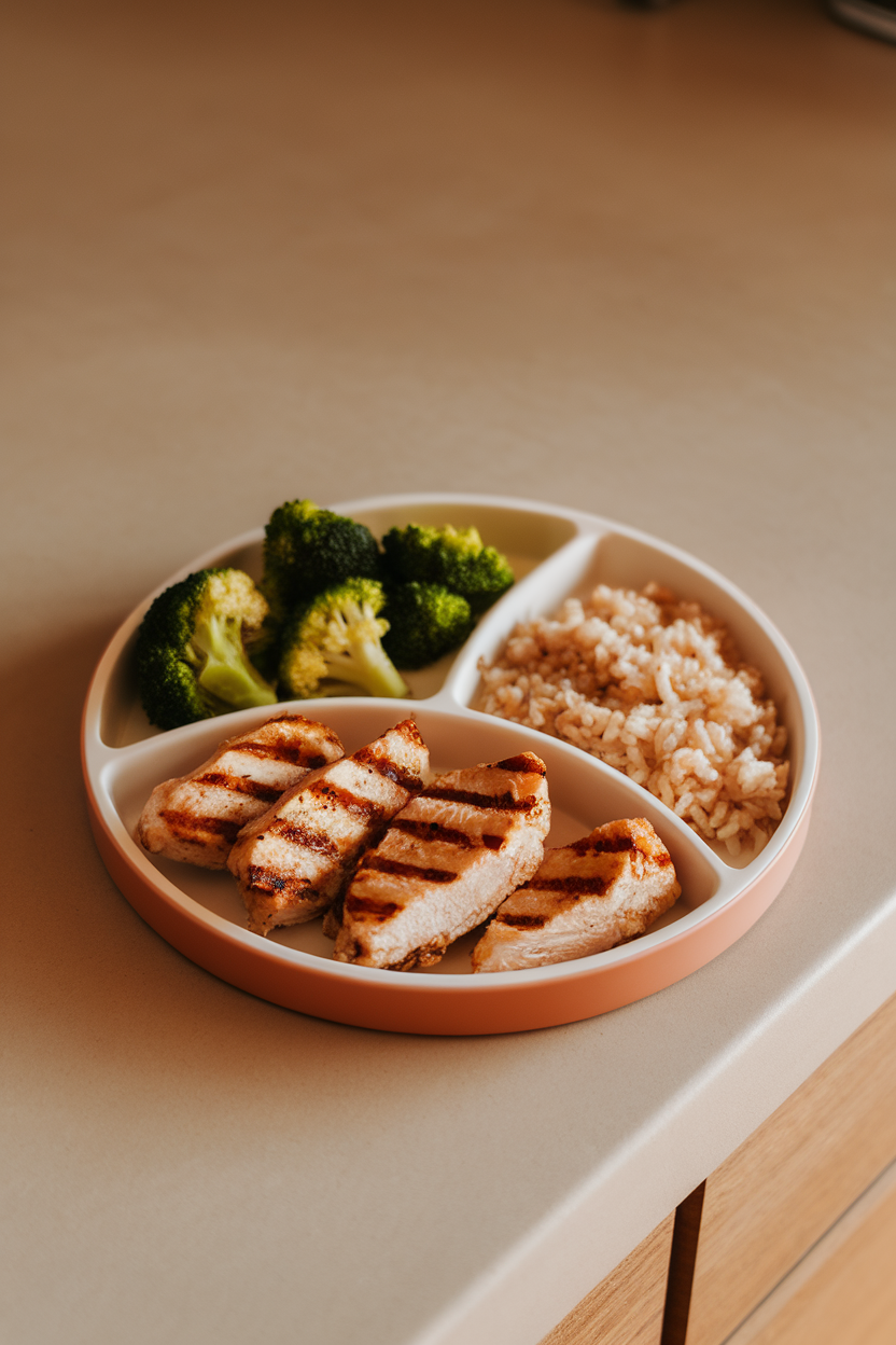 Indoor photo of a divided kid plate holding grilled chicken strips, steamed broccoli, and brown rice on a neutral kitchen counter, no text or logos