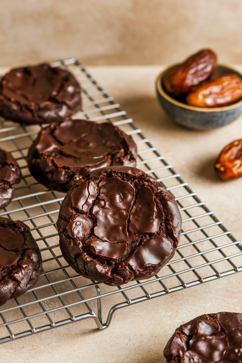 Photo prompt: Indoor scene with dark, fudgy brownie cookies on a cooling rack, small bowl of dates in background, no logos.