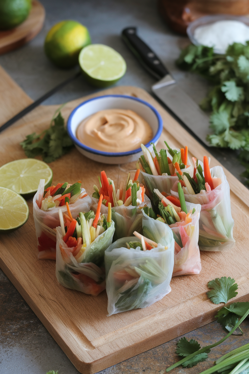 An indoor chopping board scene with colorful rice-paper rolls packed with julienned vegetables and a small dish of creamy peanut sauce. Photo, no text or logos.