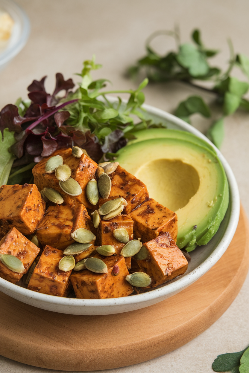 Indoor photo of cubed marinated tofu, sliced avocado, mixed baby greens, and toasted pumpkin seeds in a ceramic bowl. Neutral background, no text or logos.
