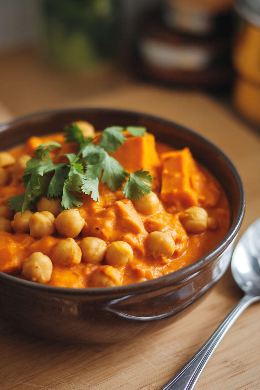 A deep bowl indoors containing vibrant orange curry with chickpeas and sweet potato chunks, cilantro garnish. No text or logos. Photo.