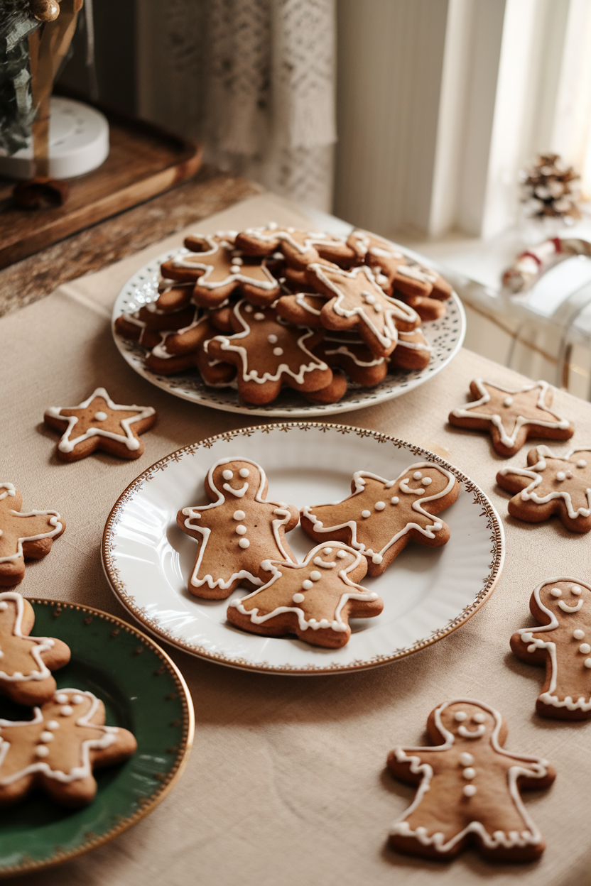 Photo of an indoor kitchen table covered with iced gingerbread men and stars, warm ambient lighting. No text or logos in scene.