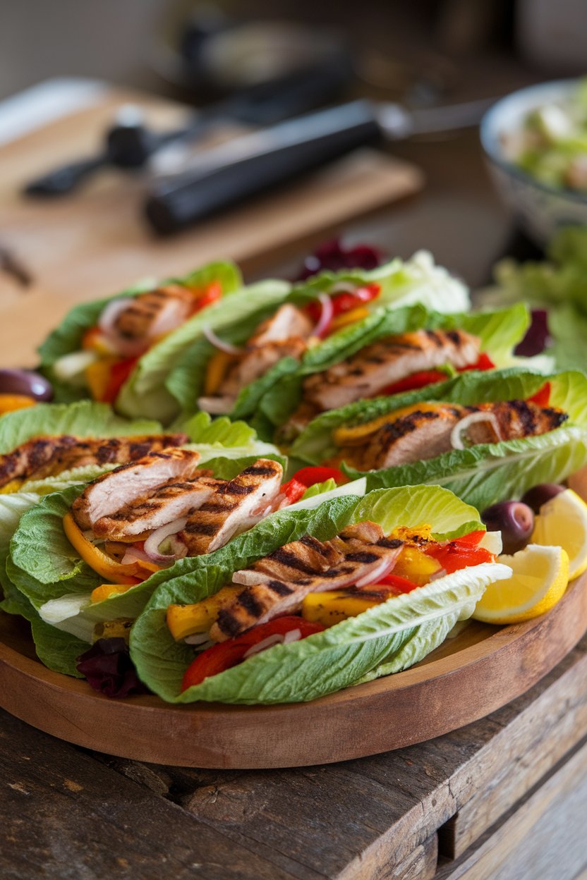 An indoor platter with romaine leaves filled with grilled chicken strips, peppers, and onions. Photo, no text or logos.