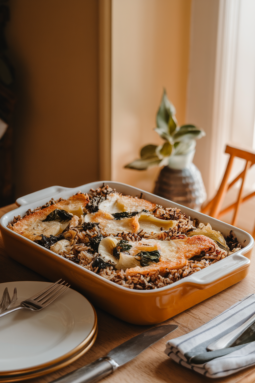 Warmly lit indoor dining table showcasing a rectangular baking dish of cooked wild rice blended with spinach, artichoke hearts, and a light almond-milk béchamel, lightly browned on top. No logos or text.