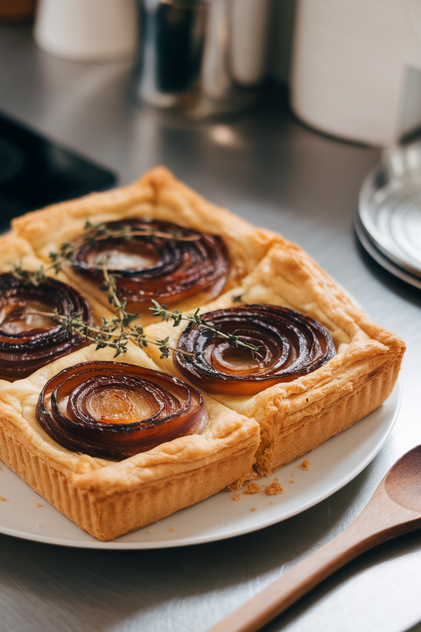 An indoor countertop with a rectangular tart cut into squares, golden puff pastry topped with deeply caramelized onions and thyme sprigs. This should be a photo, not an illustration. No text or logos anywhere in the scene.