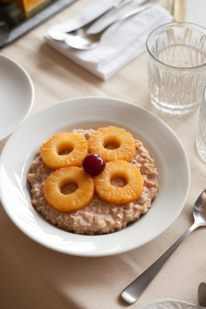 Indoor brunch table with oatmeal topped by caramelized pineapple rings and a cherry in the center. No text or logos. Photo.