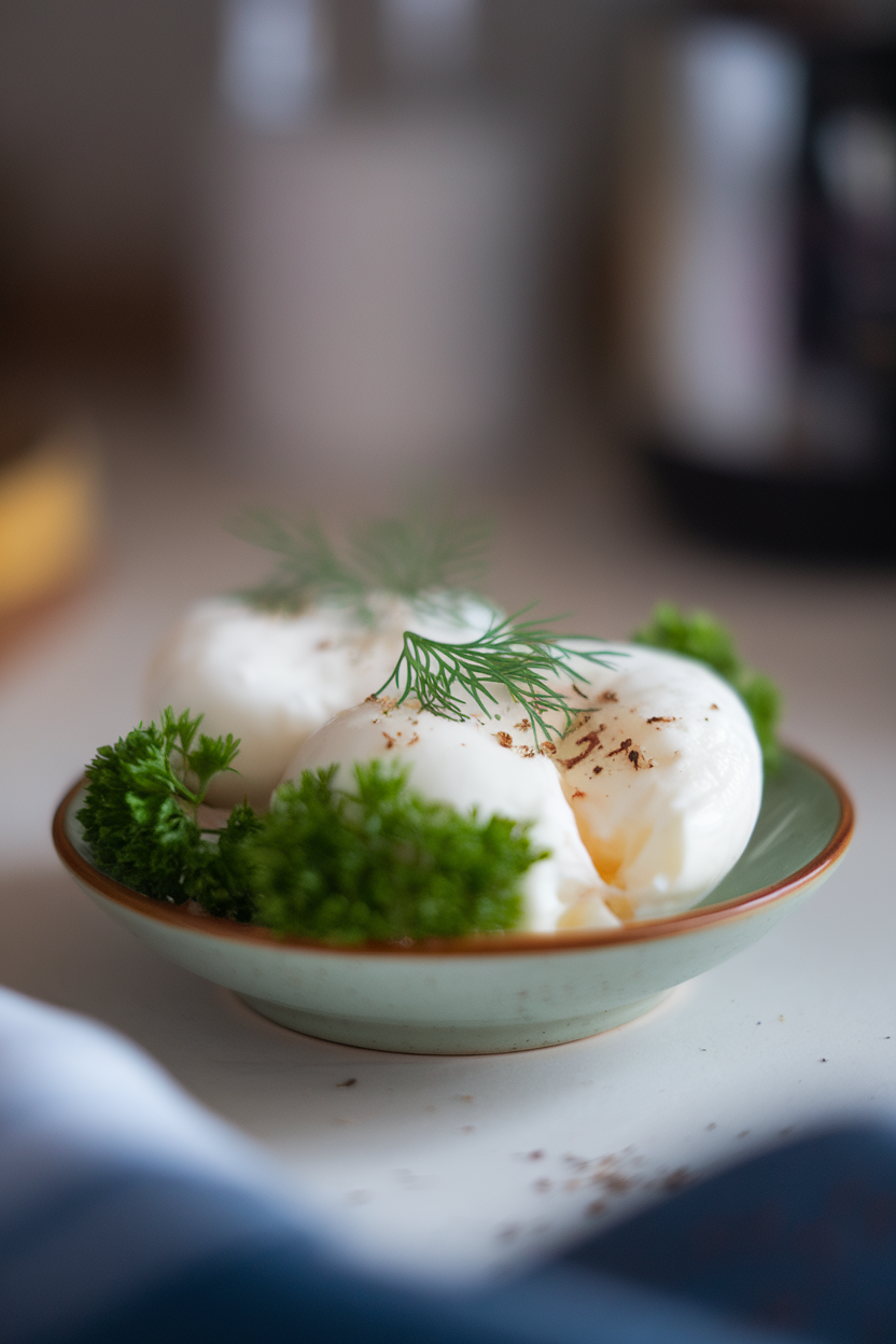 Indoor close-up of two poached eggs sprinkled with fresh dill and parsley, resting on a small saucer. No text or logos.