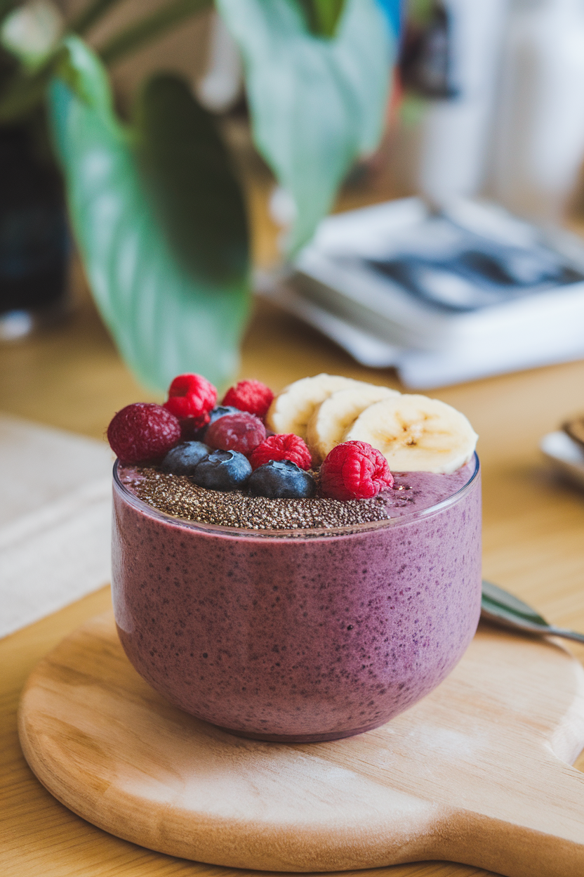 Photo of a thick smoothie bowl topped with mixed berries, chia seeds, and sliced banana on an indoor breakfast table, no text or logos