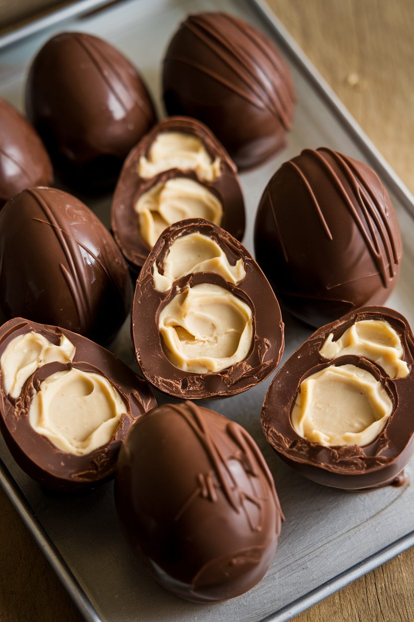 Indoor dessert tray of dark chocolate eggs cut open to reveal creamy almond butter filling, no logos or text. Photo only.