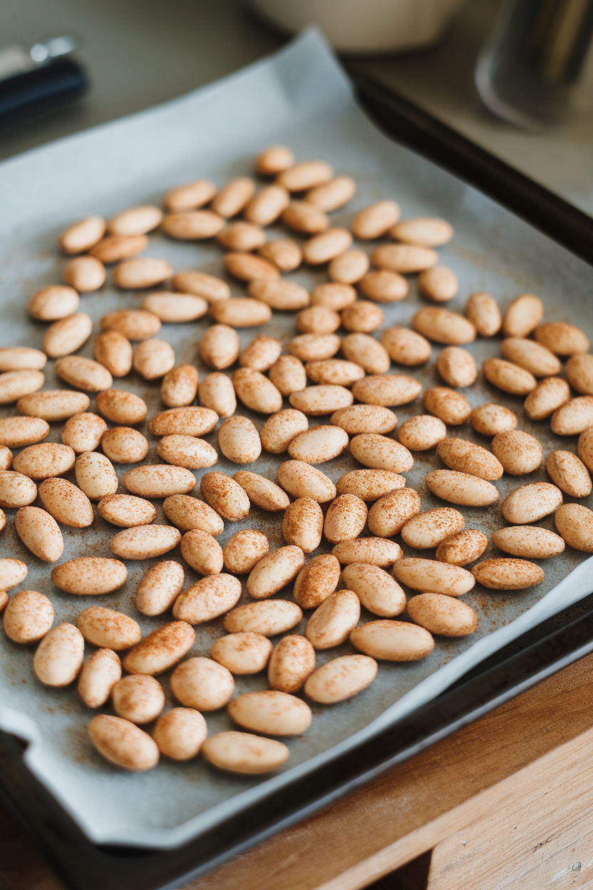Indoor baking tray of roasted almonds coated in light cinnamon spice, cooling on parchment; no text or logos, photo style.