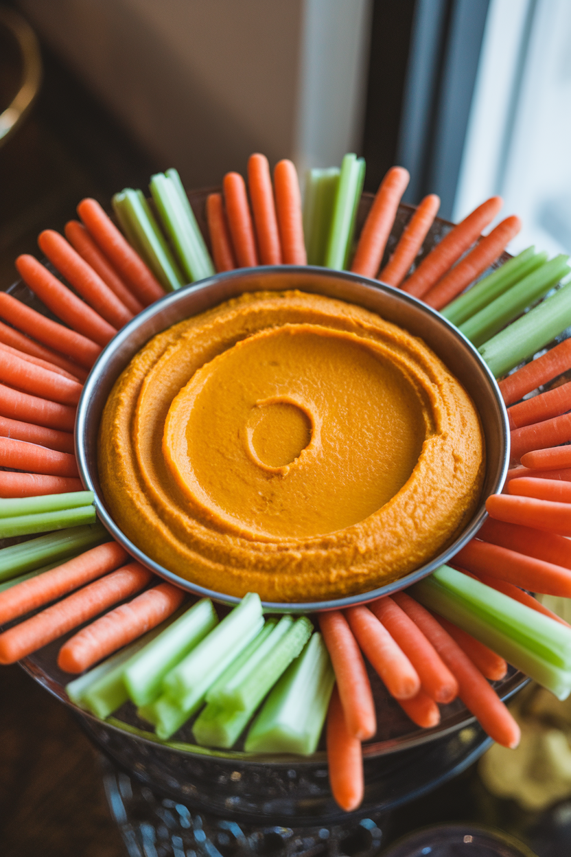 A shallow bowl of orange pumpkin hummus surrounded by carrot and celery sticks on an indoor appetizer table. No text or logos.