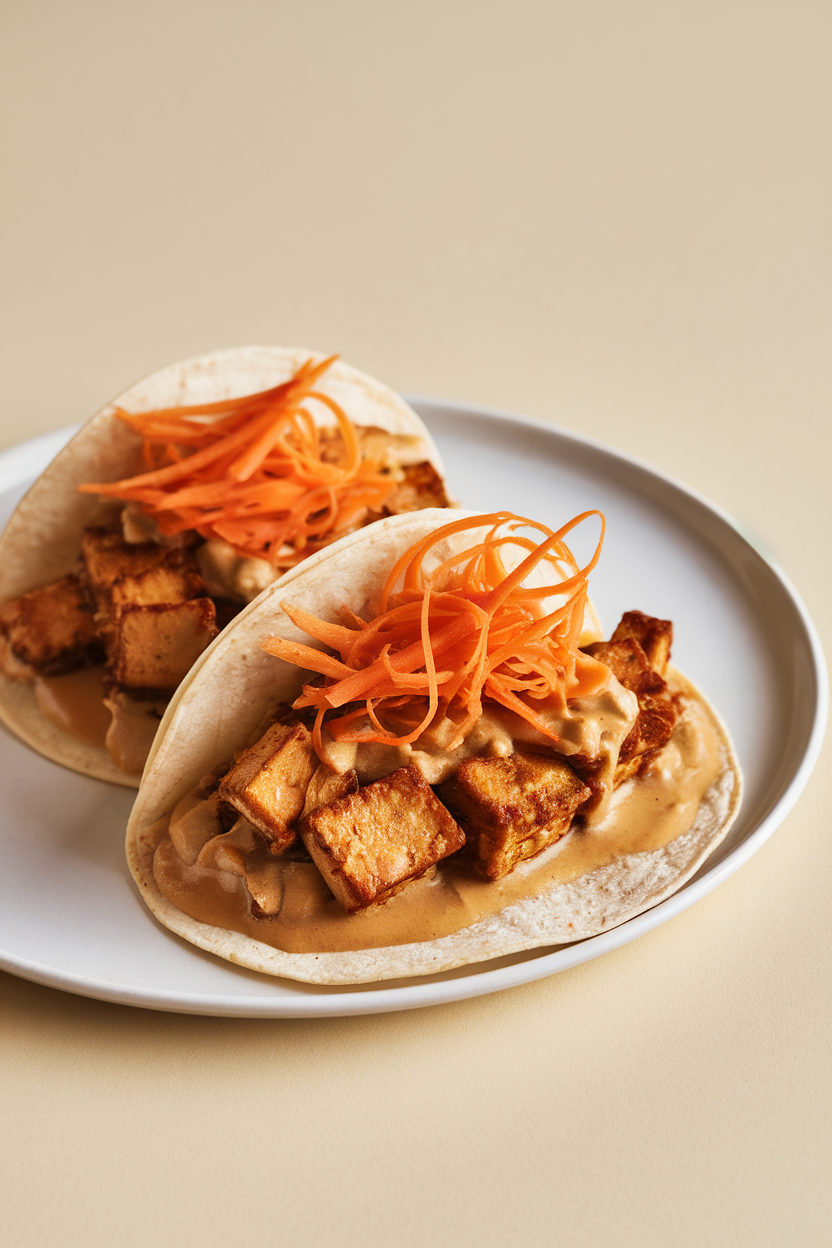 Photo of corn tortillas stuffed with sautéed tempeh in light peanut sauce, topped with thin carrot ribbons, shot indoors, no logos.