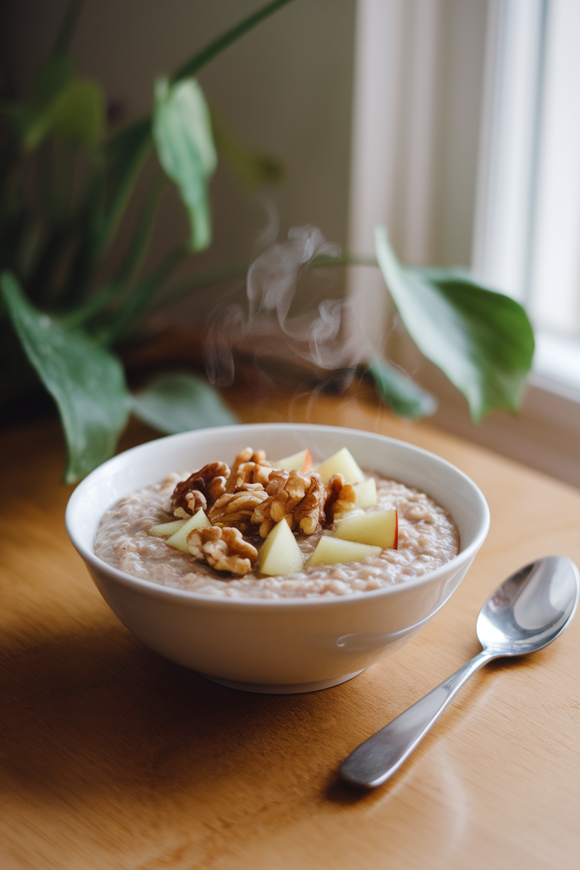 A bowl of steaming steel-cut oatmeal topped with walnuts and diced apples on a breakfast table indoors; no text or logos; photo