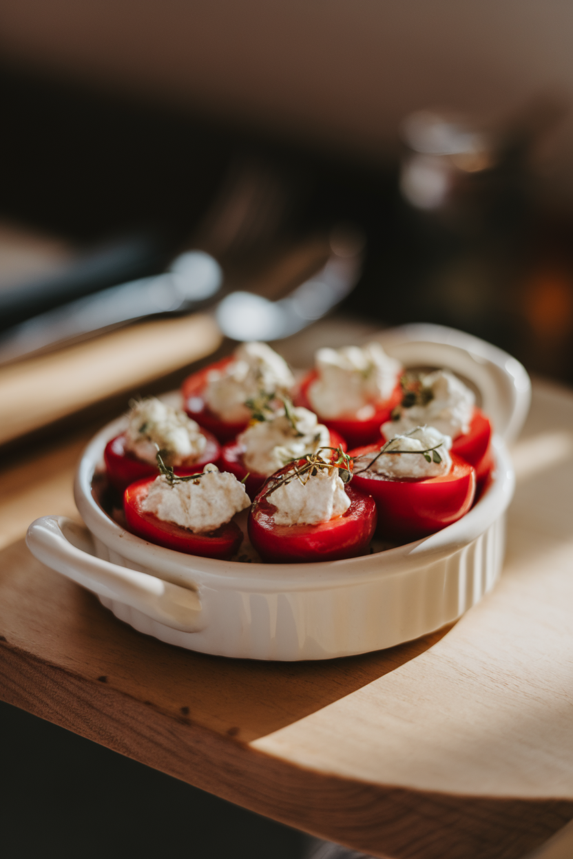 Photo of an indoor white appetizer dish with bright red peppadews filled with creamy goat cheese, light herbs sprinkled on top; soft warm lighting, no text or logos