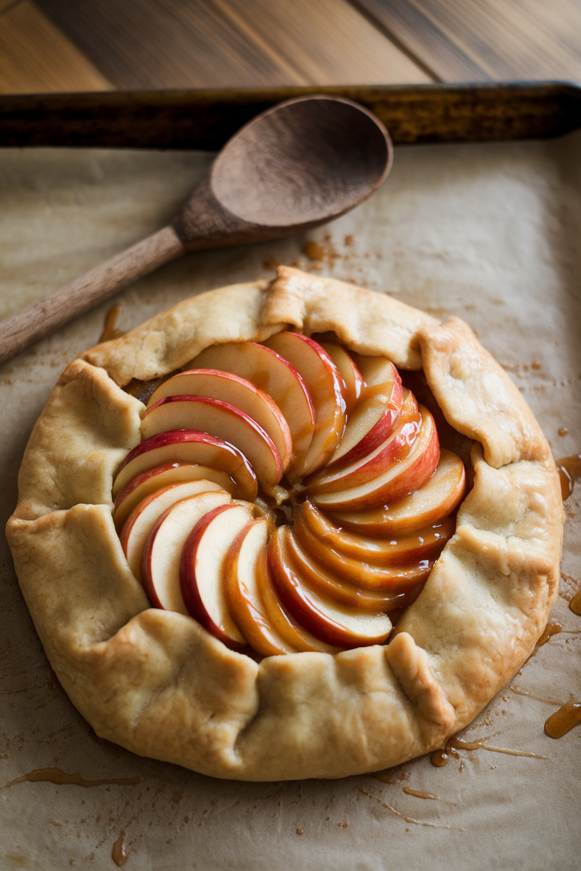 Rustic apple galette on a baking sheet indoors, caramel drizzled over fanned apple slices, flaky crust visible. No text or logos.