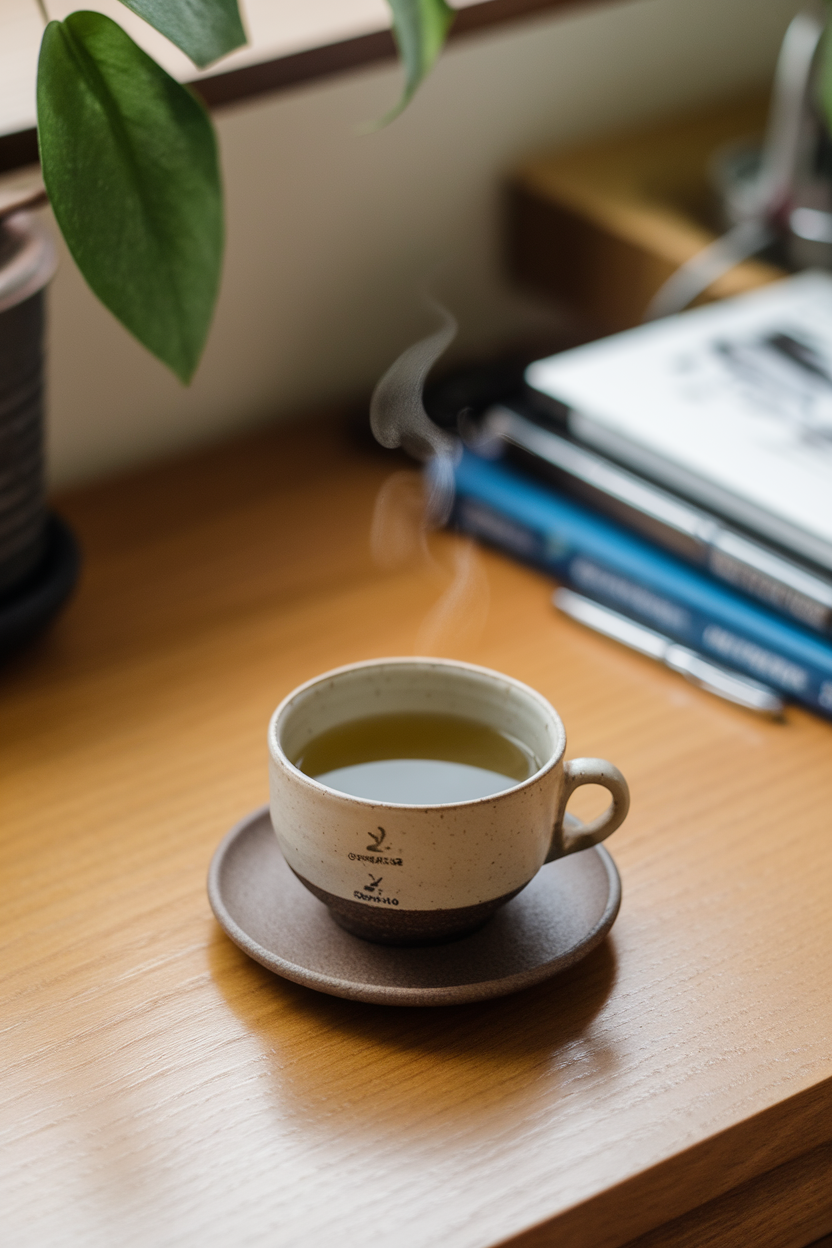An indoor desk with a simple ceramic cup of steaming green tea and a small saucer, no logos or text.