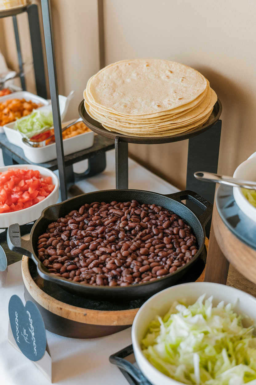 Indoor buffet layout featuring a skillet of seasoned black beans, a stack of warm corn tortillas, and small bowls of diced tomatoes and shredded lettuce. No text or logos on any items.
