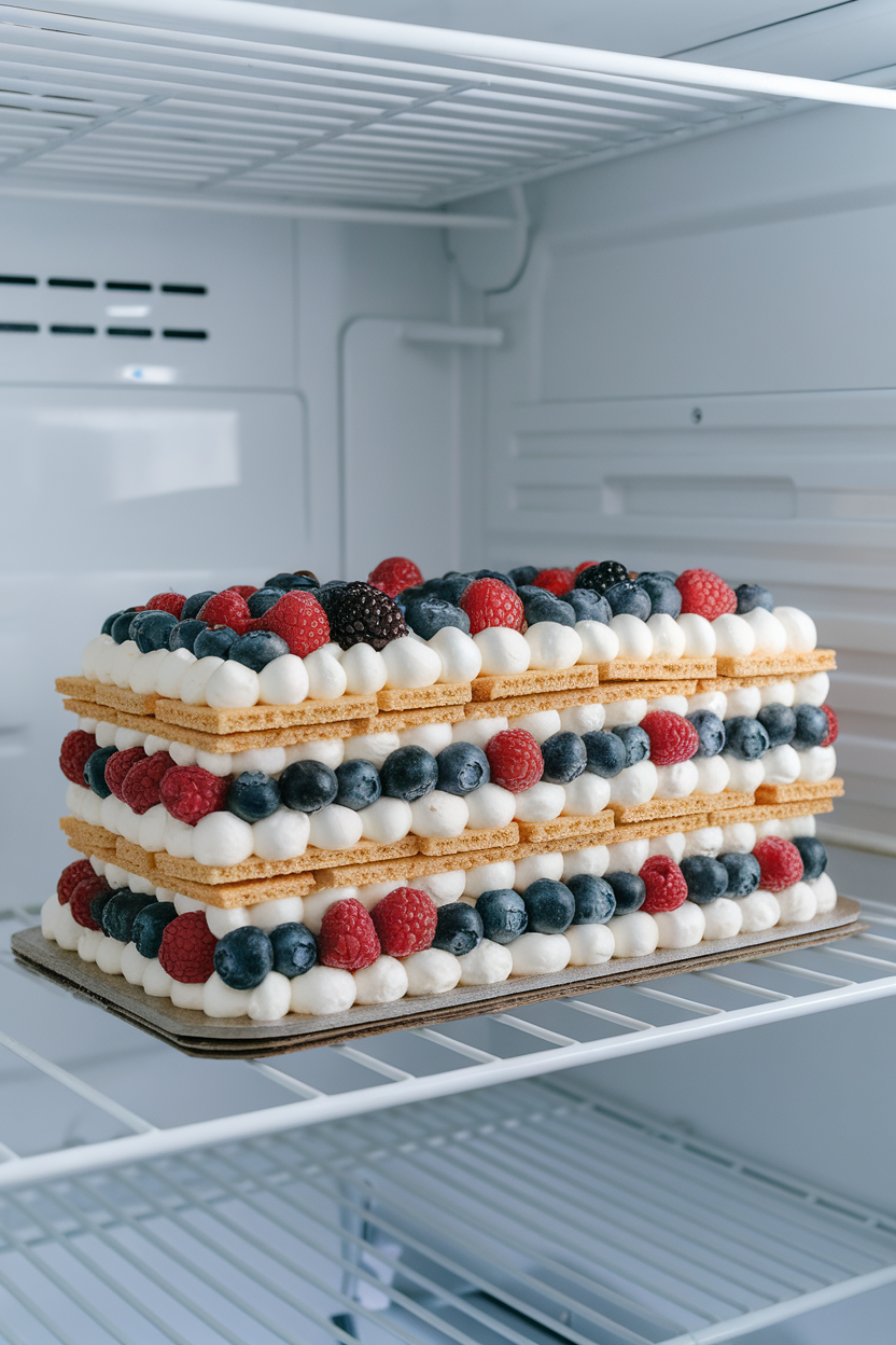 Indoor refrigerator shelf view of a loaf pan icebox cake showing alternating layers of whipped cream, graham crackers, and red-blue berries. No text or logos.