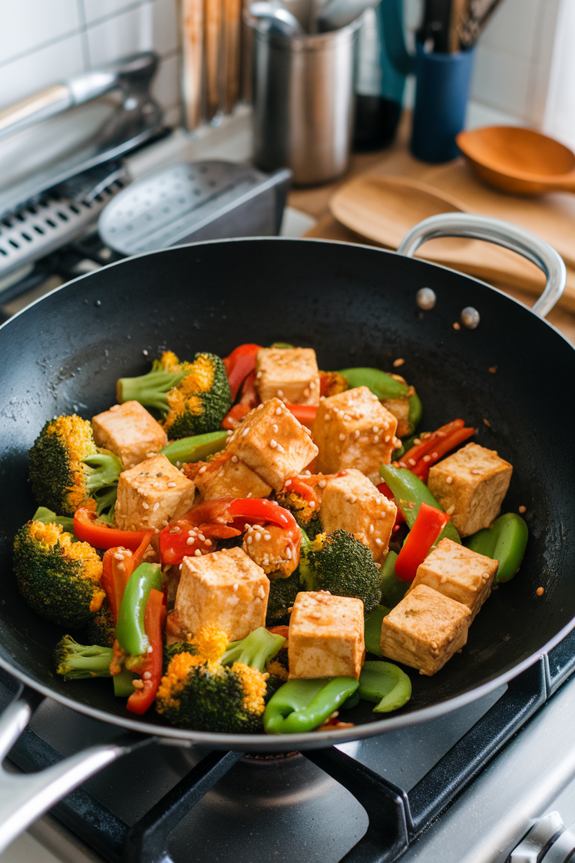 A wok on an indoor stovetop containing golden tofu cubes, broccoli florets, and bell peppers coated in sesame-ginger sauce. No text or logos. Photo, not illustration.