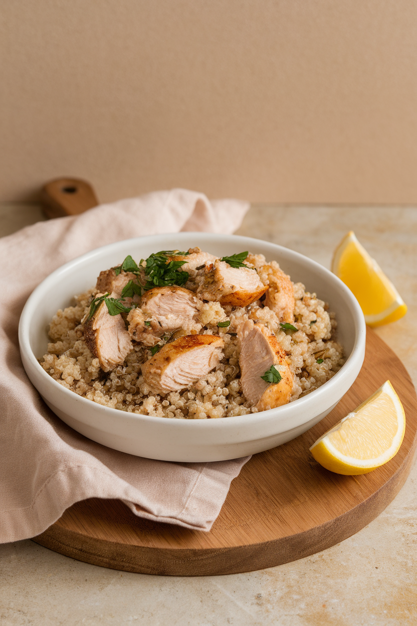 An indoor dining table with a shallow white bowl of fluffy quinoa tossed with roasted chicken chunks, chopped parsley, and lemon wedges on the side — even lighting, no text or logos