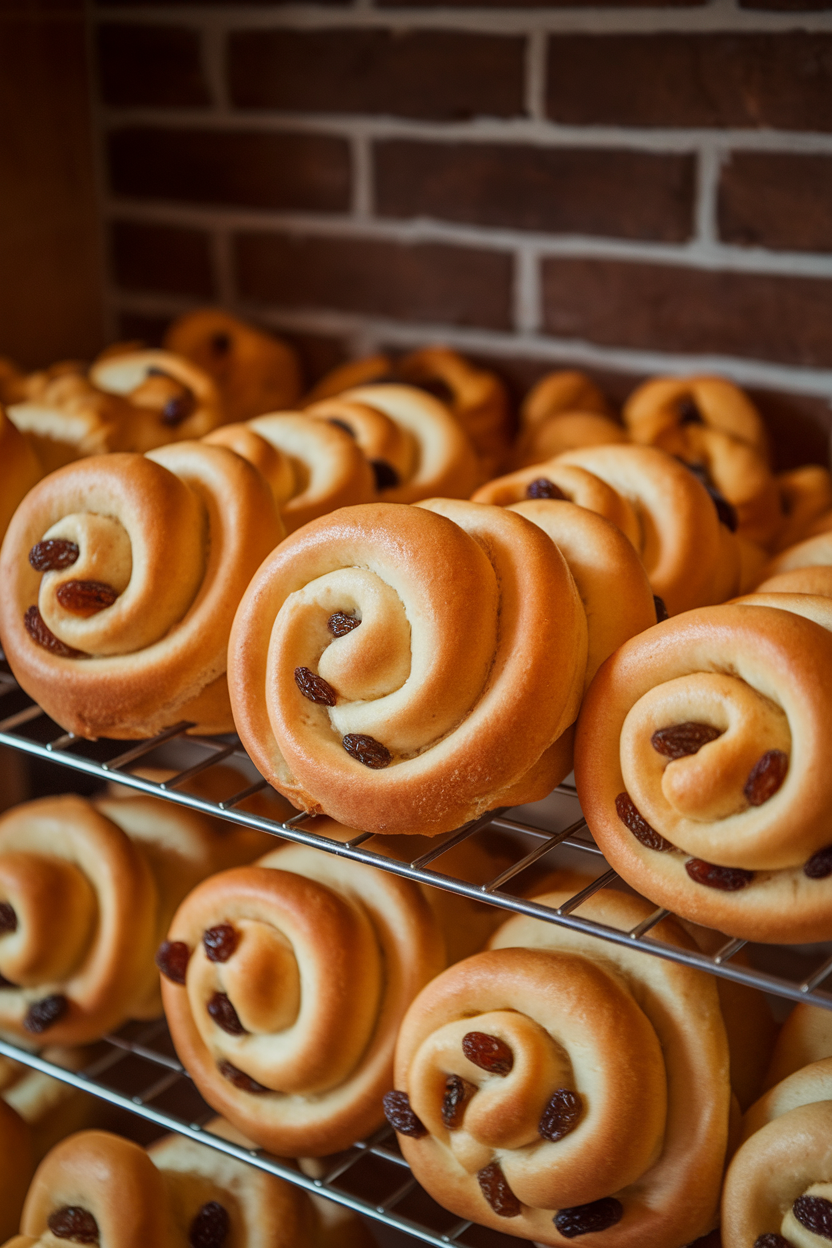 Indoor bakery rack shot of golden S-shaped Lussekatter buns with raisins in the curls, subtle saffron hue; no text or logos.